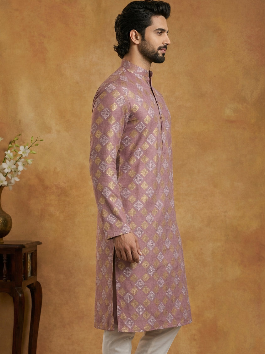 Men Cotton Blend Kurta with Foil Print ( 65KO 5446Peach S ) [FF] [N-2]
