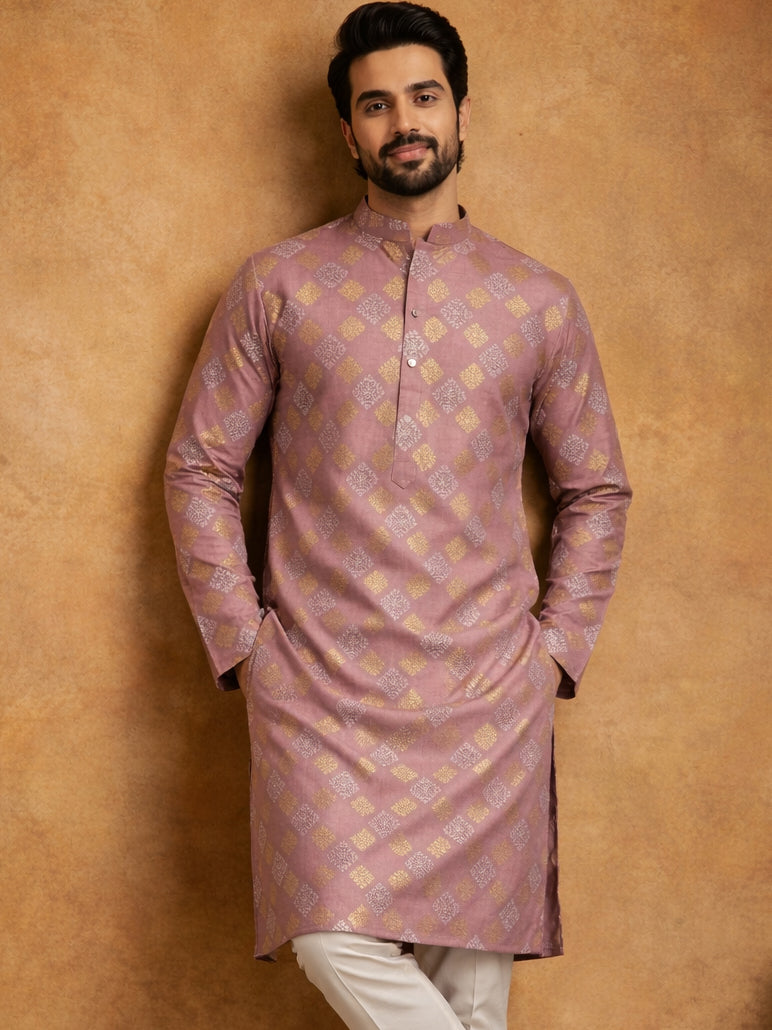 Men Cotton Blend Kurta with Foil Print ( 65KO 5446Peach S ) [FF] [N-2]