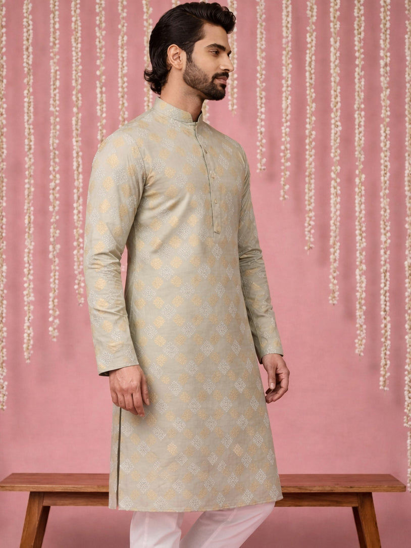 Men Cotton Blend Kurta with Foil Print ( 65KO 5446Pista S ) [FF] [N-2]