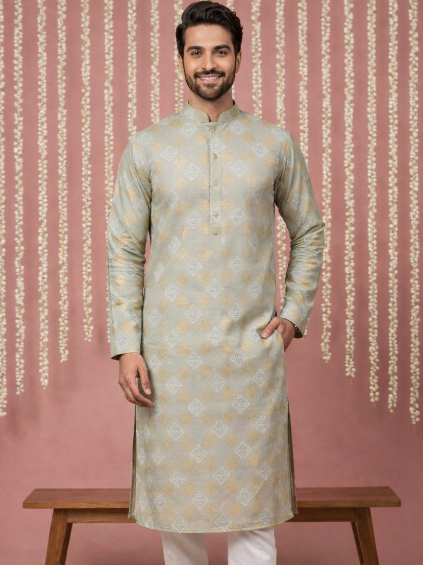 Men Cotton Blend Kurta with Foil Print ( 65KO 5446Pista S ) [FF] [N-2]