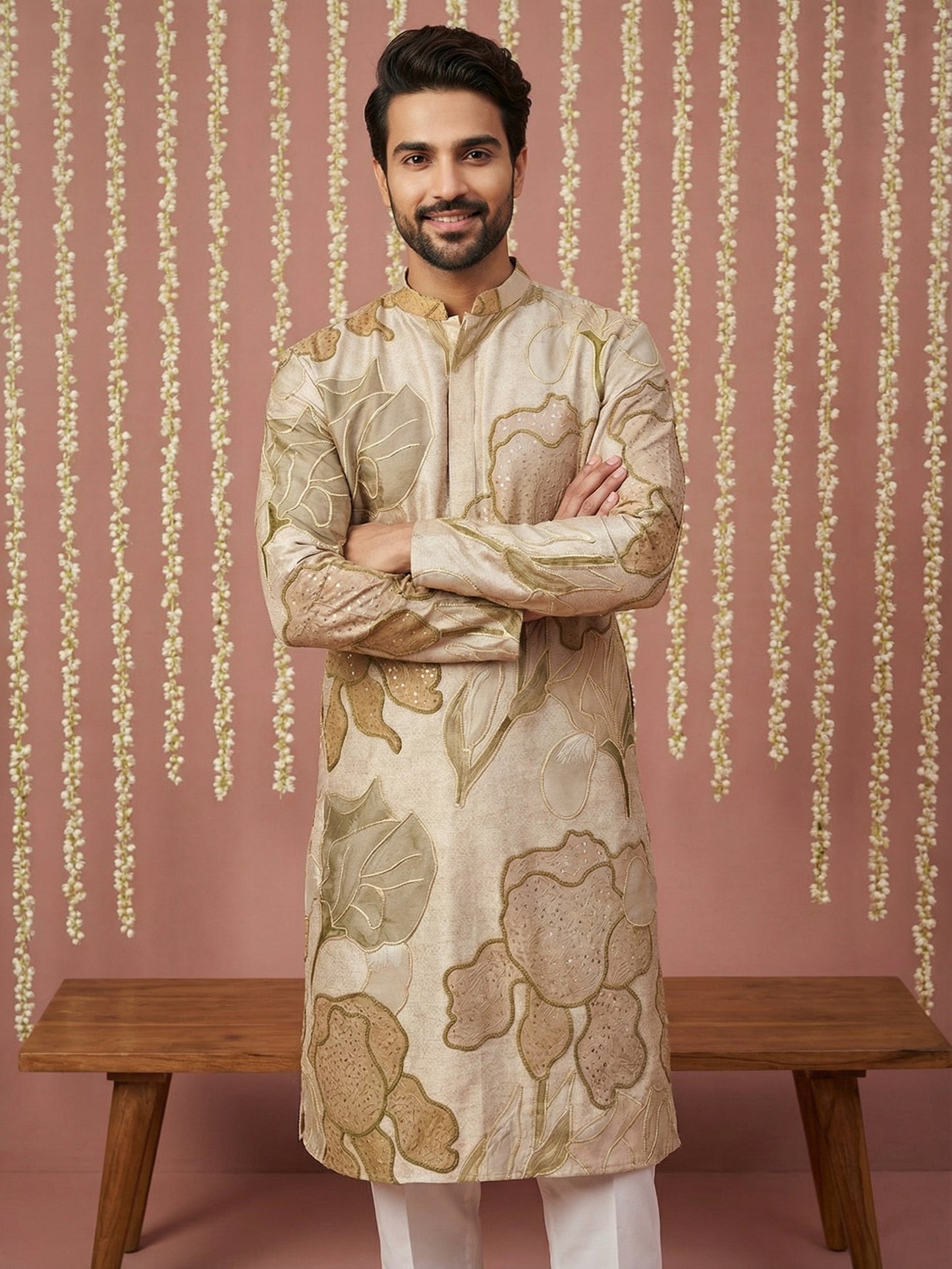 Silk Blend Kurta with Embroidery and Print ( 65KO 5447Beige S ) [FF] [A-1-4]