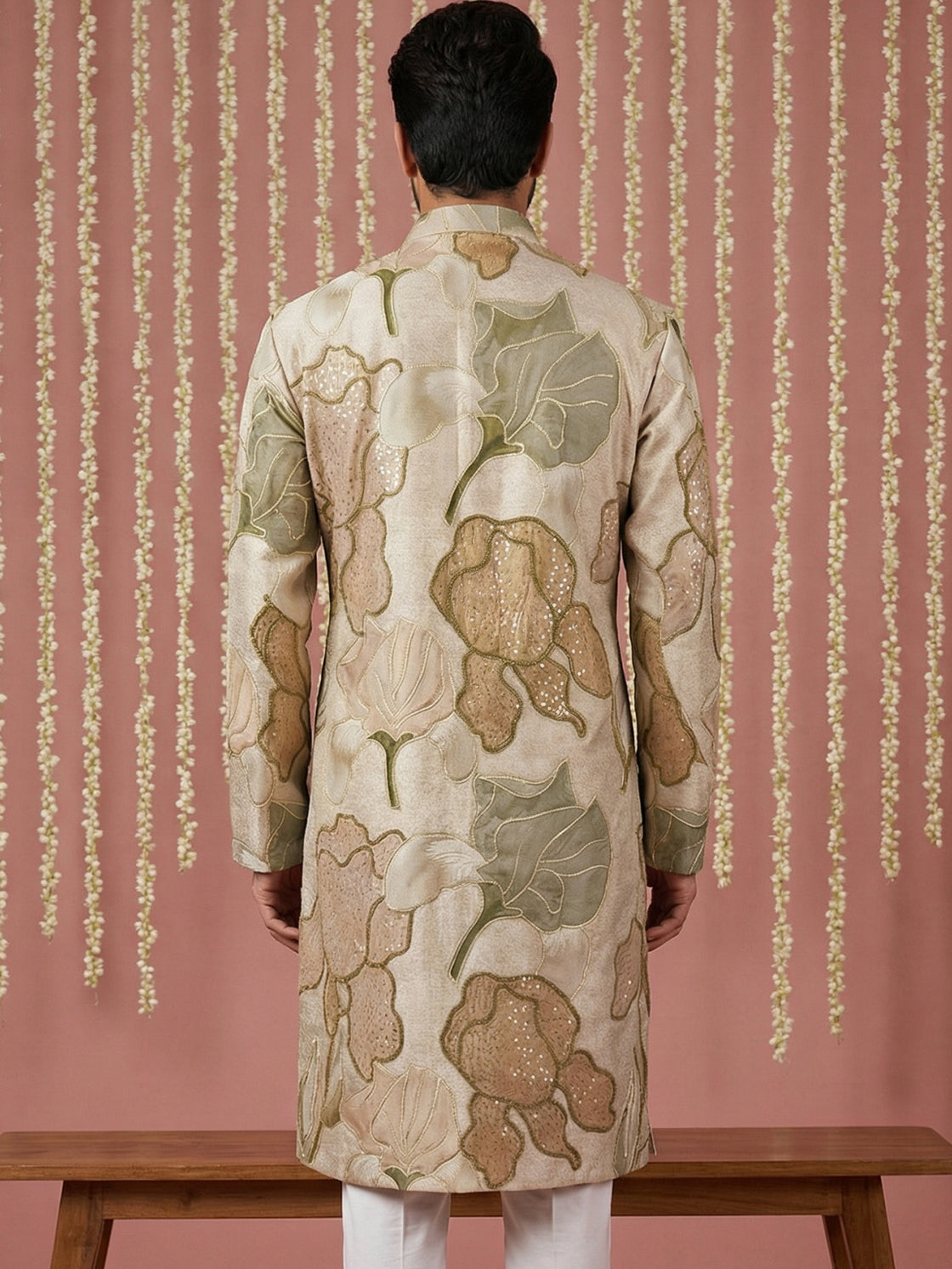 Silk Blend Kurta with Embroidery and Print ( 65KO 5447Beige S ) [FF] [A-1-4]