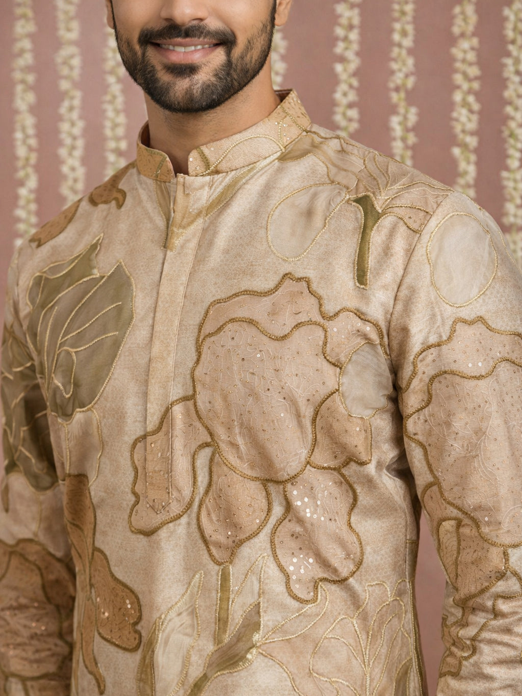 Silk Blend Kurta with Embroidery and Print ( 65KO 5447Beige S ) [FF] [A-1-4]
