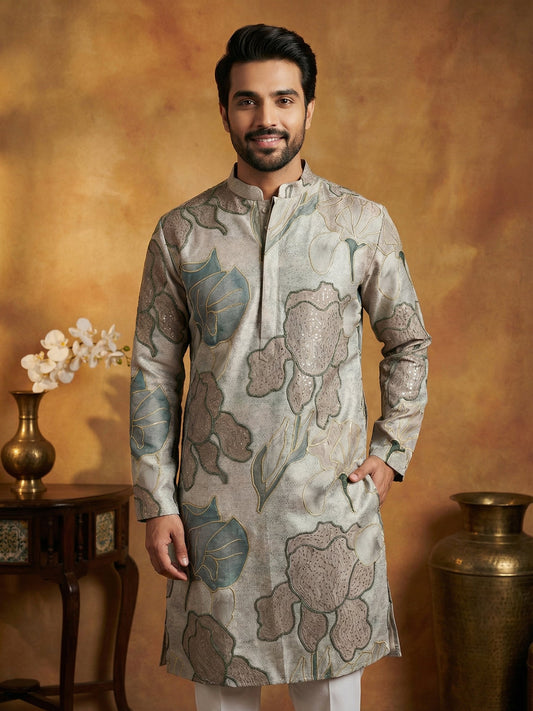 Silk Blend Kurta with Embroidery and Print ( 65KO 5447Grey S ) [FF] [A-1-4]