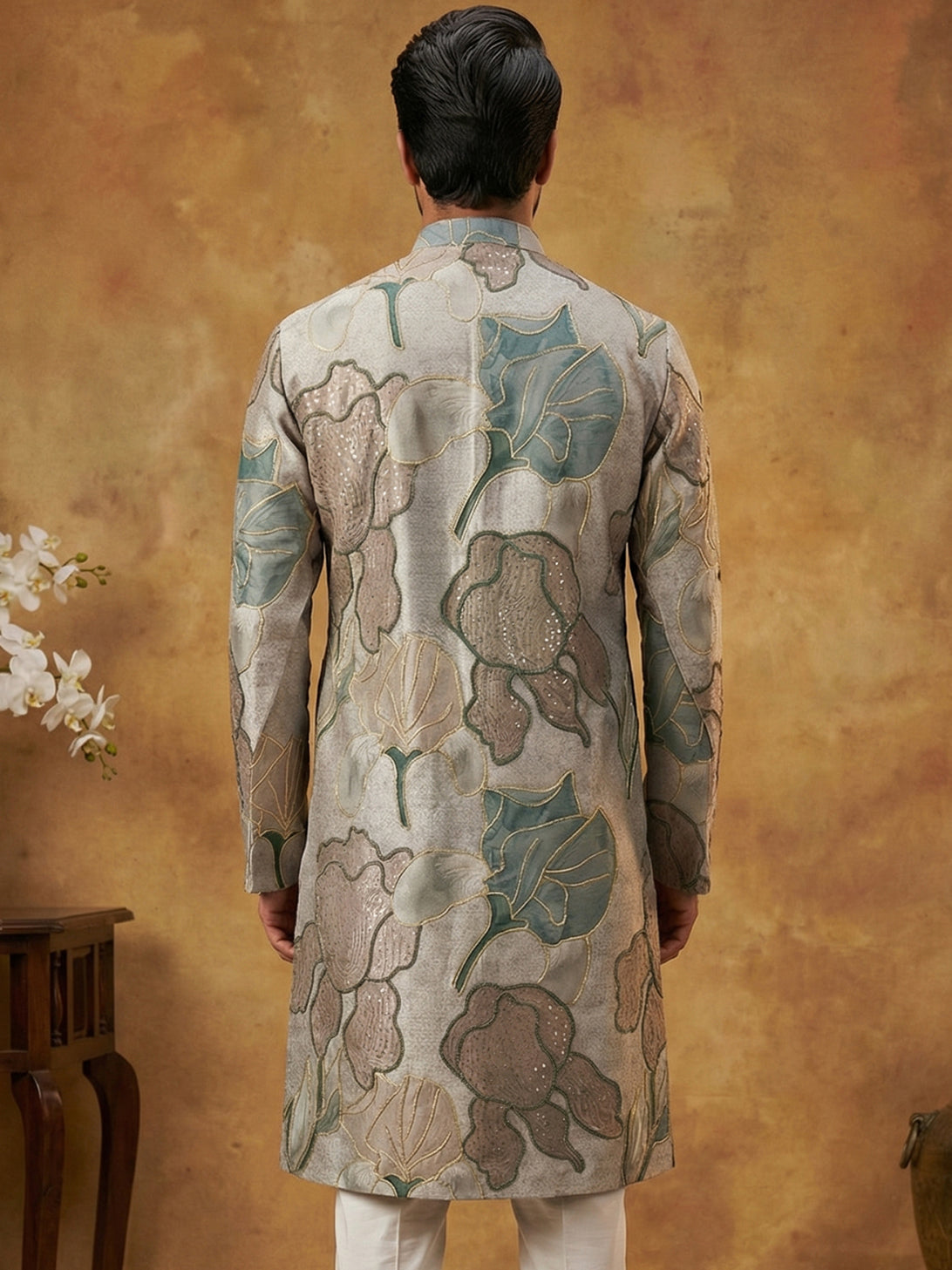 Silk Blend Kurta with Embroidery and Print ( 65KO 5447Grey S ) [FF] [A-1-4]