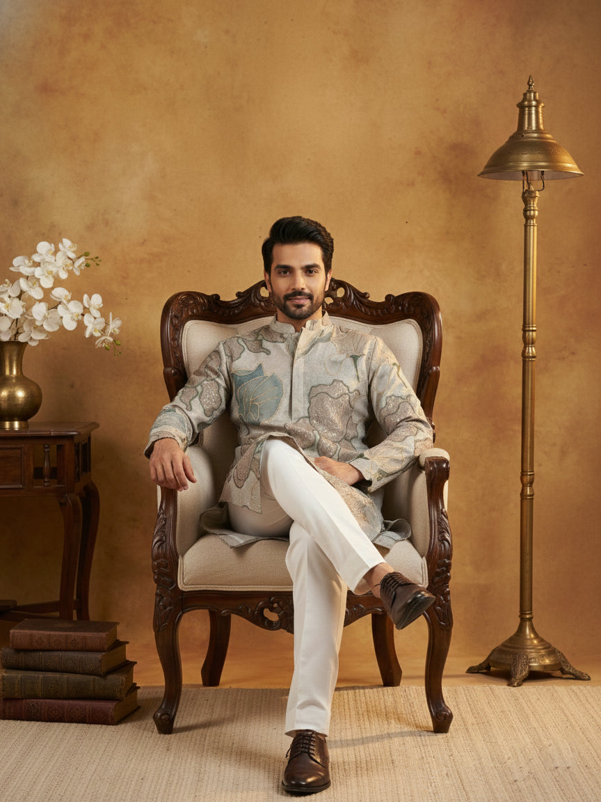 Silk Blend Kurta with Embroidery and Print ( 65KO 5447Grey S ) [FF] [A-1-4]