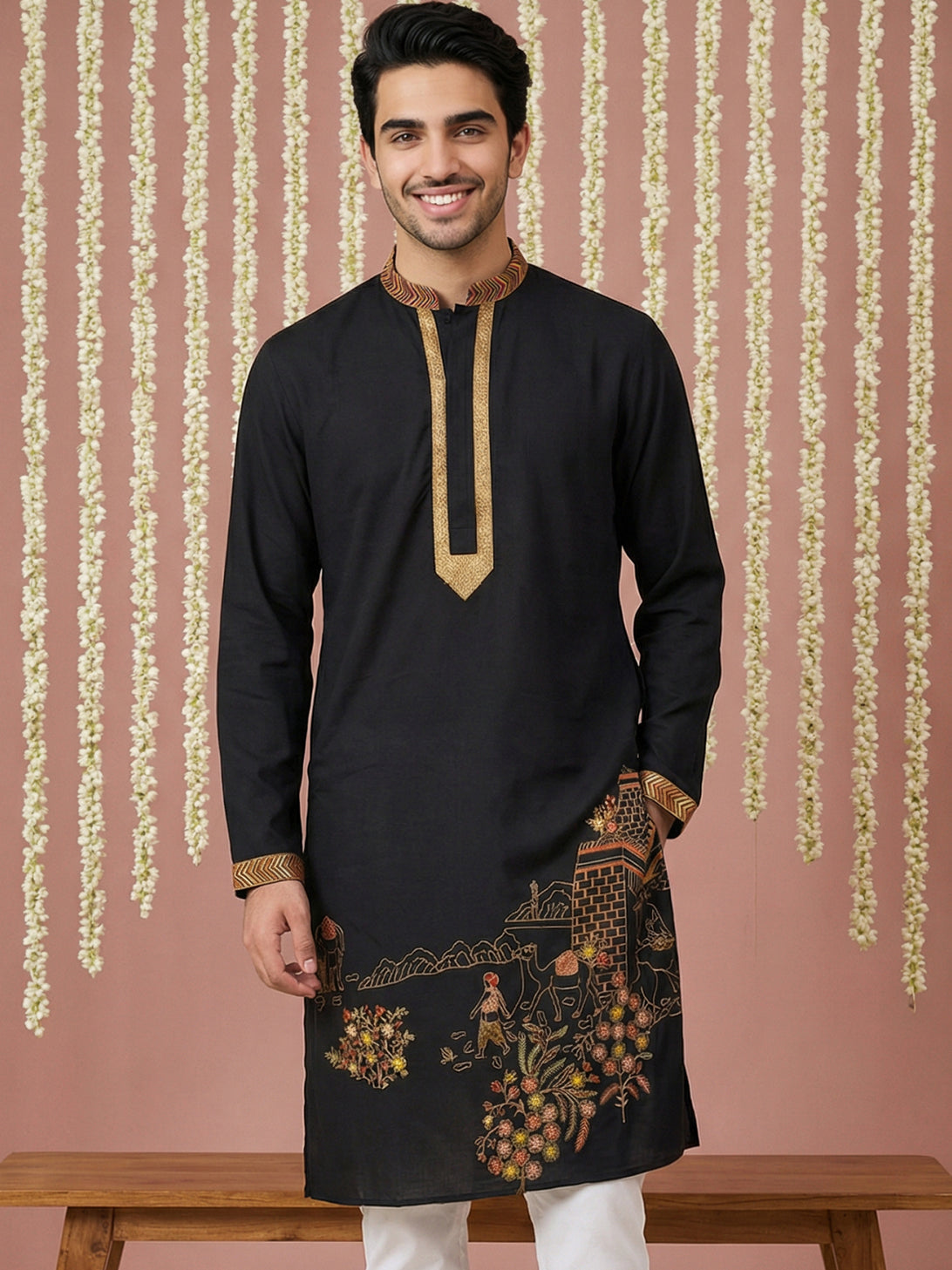 Men Embroidered Silk Blend Kurta ( 65KO 5449Black S ) [FF] [ A3 & A2 ]