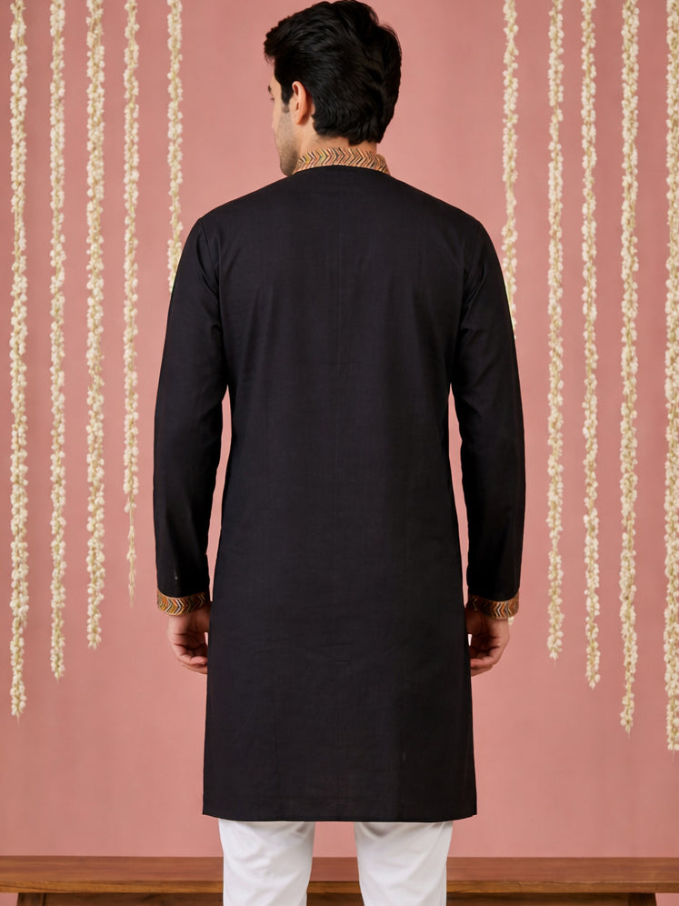 Men Embroidered Silk Blend Kurta ( 65KO 5449Black S ) [FF] [ A3 & A2 ]