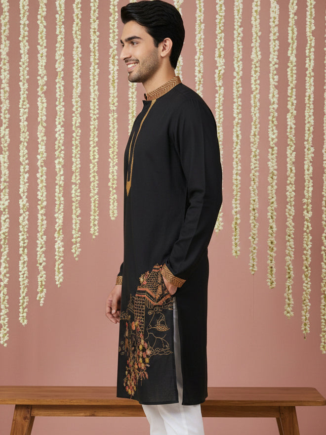 Men Embroidered Silk Blend Kurta ( 65KO 5449Black S ) [FF] [ A3 & A2 ]