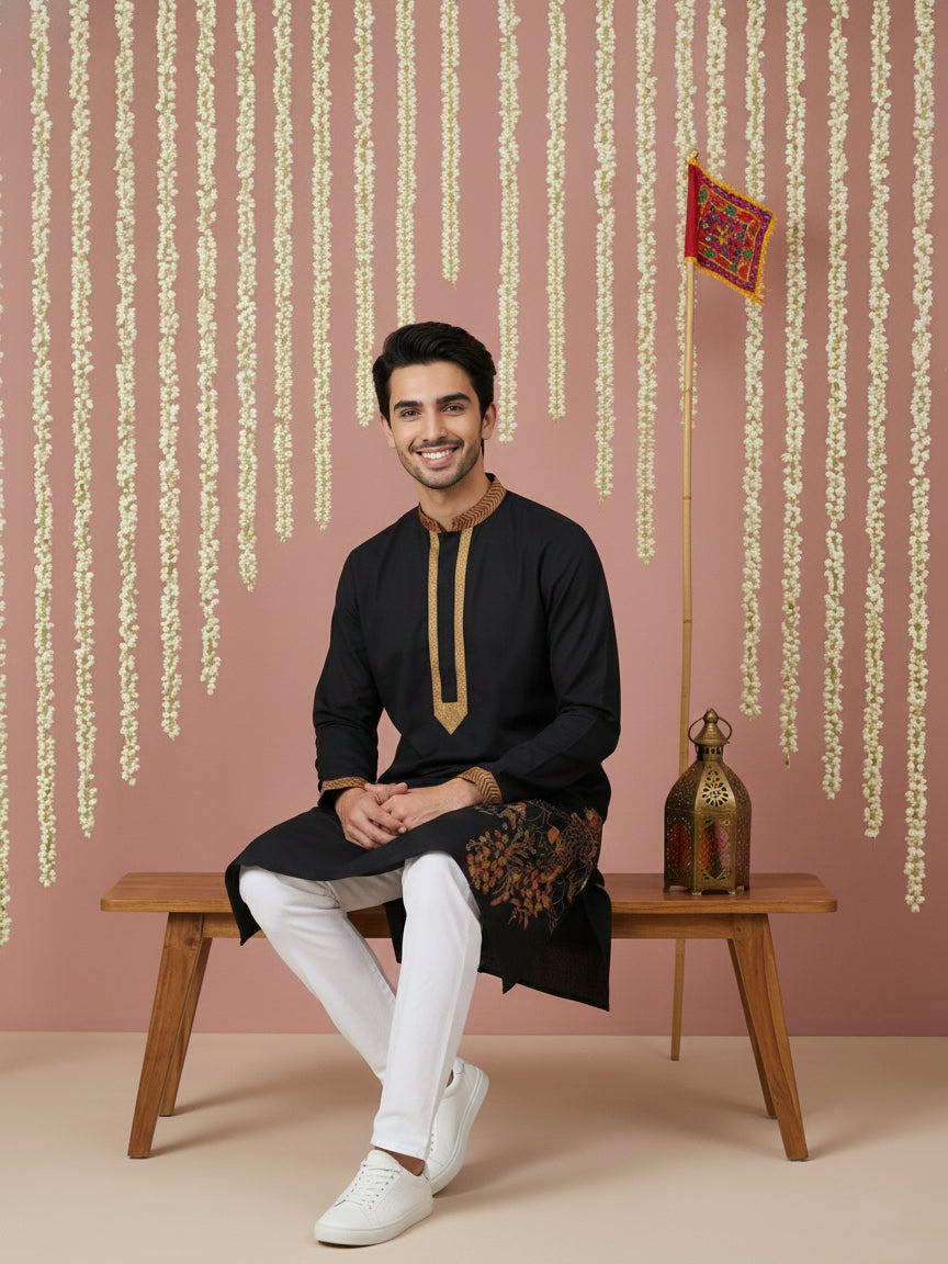 Men Embroidered Silk Blend Kurta ( 65KO 5449Black S ) [FF] [ A3 & A2 ]