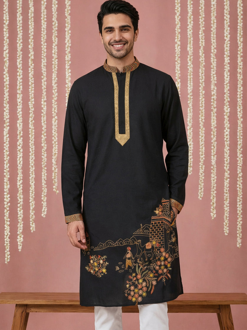 Men Embroidered Silk Blend Kurta ( 65KO 5449Black S ) [FF] [ A3 & A2 ]