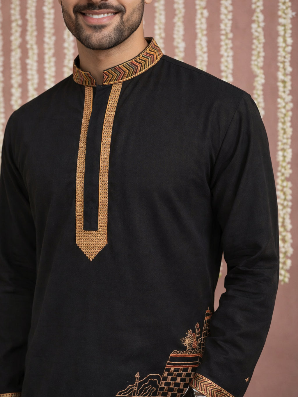 Men Embroidered Silk Blend Kurta ( 65KO 5449Black S ) [FF] [ A3 & A2 ]