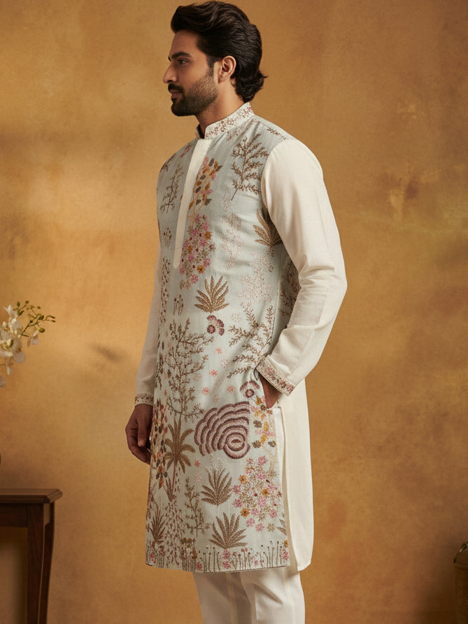 Men Embroidered Silk Blend Kurta ( 65KO 5450White S ) [FF] [Q-11-14]