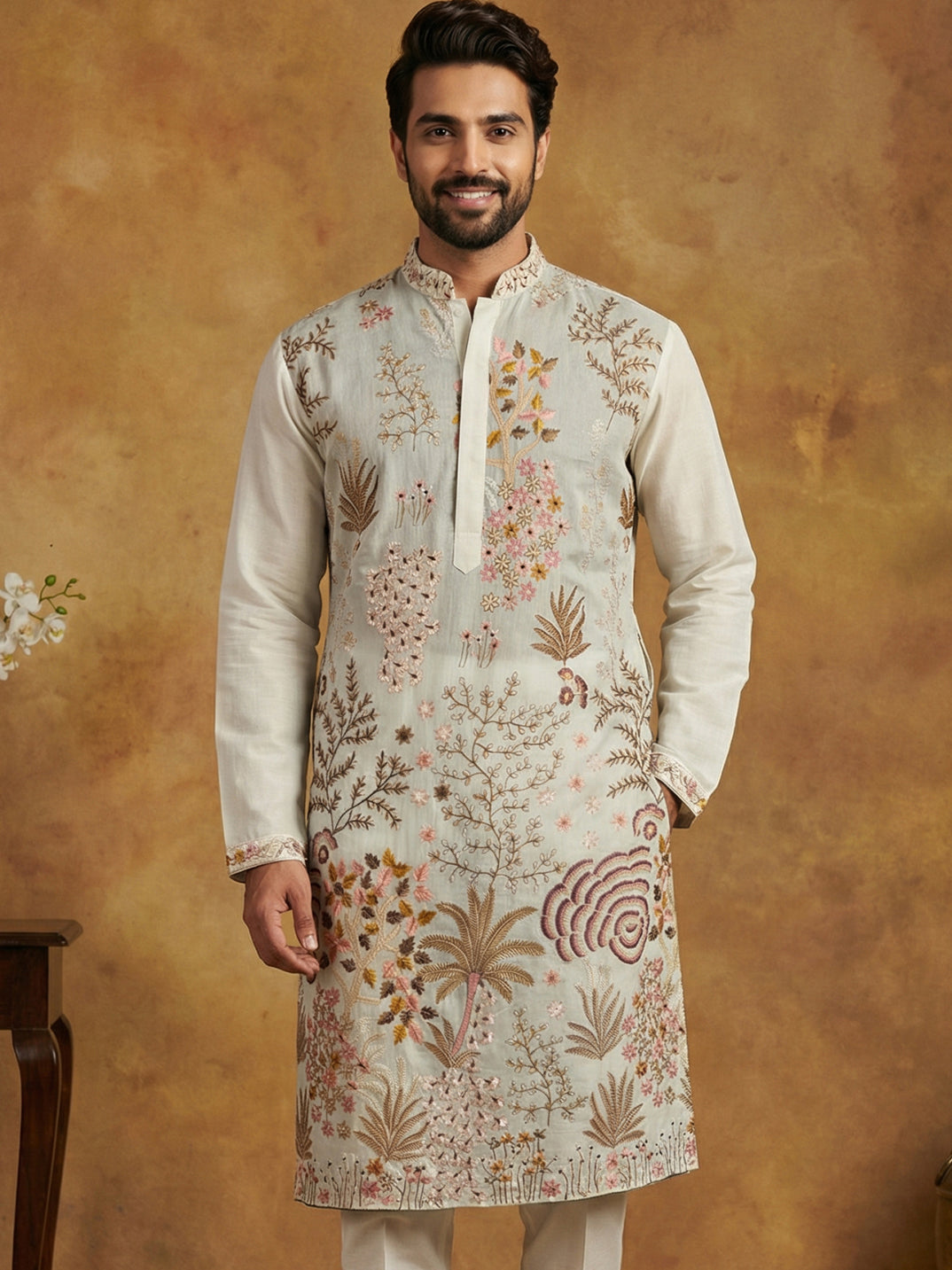 Men Embroidered Silk Blend Kurta ( 65KO 5450White S ) [FF] [Q-11-14]