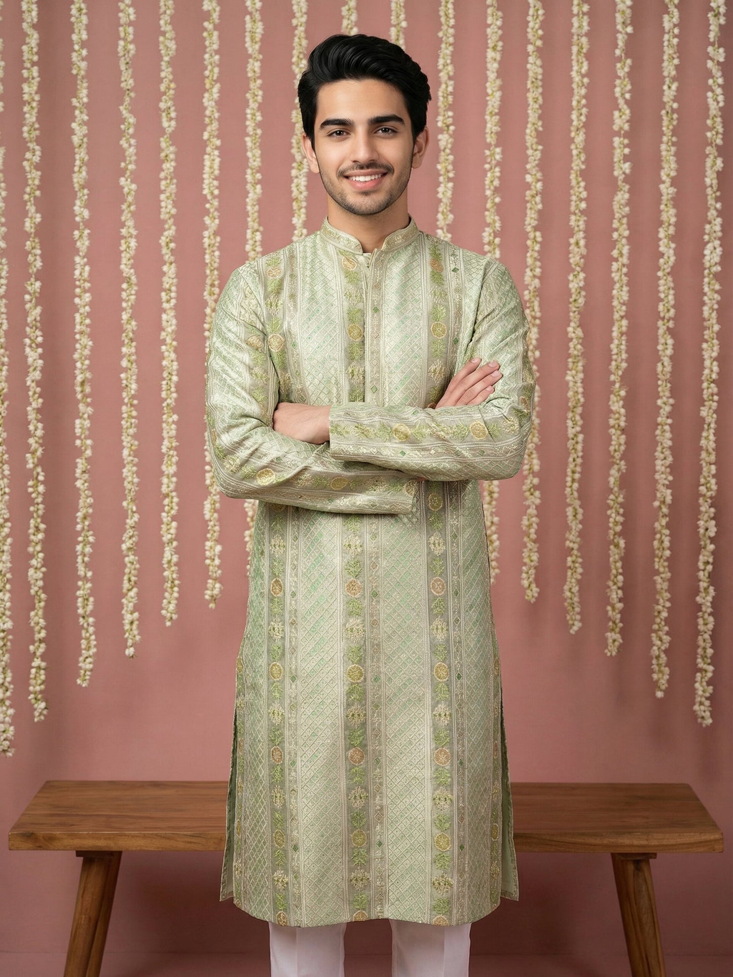 Men Silk Blend Embroidered Kurta ( 65KO 5454Green S ) [FF] [A-1-4]