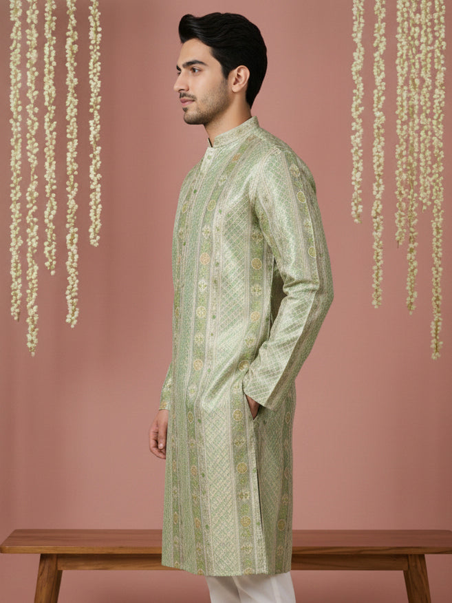 Men Silk Blend Embroidered Kurta ( 65KO 5454Green S ) [FF] [A-1-4]