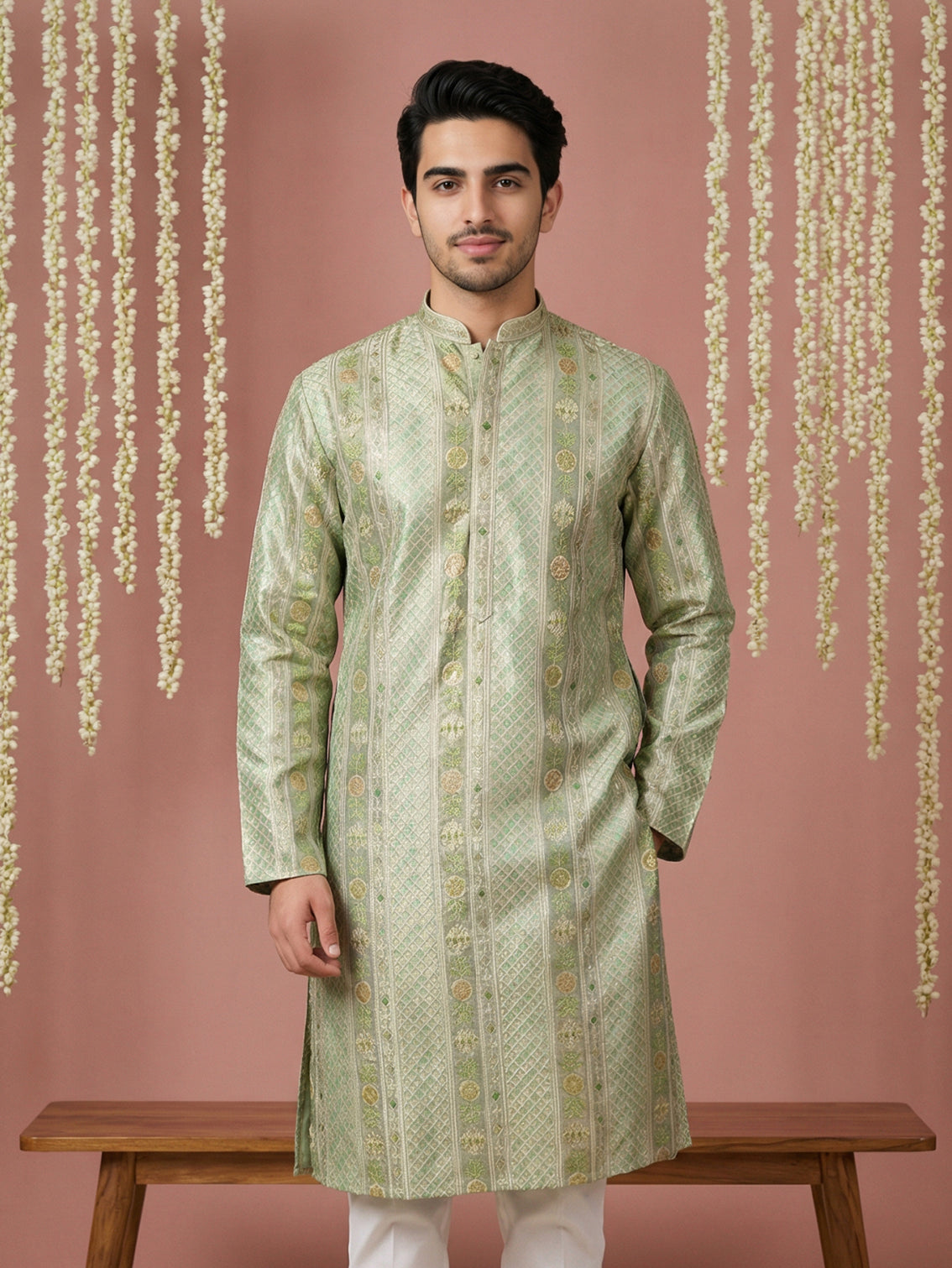 Men Silk Blend Embroidered Kurta ( 65KO 5454Green S ) [FF] [A-1-4]