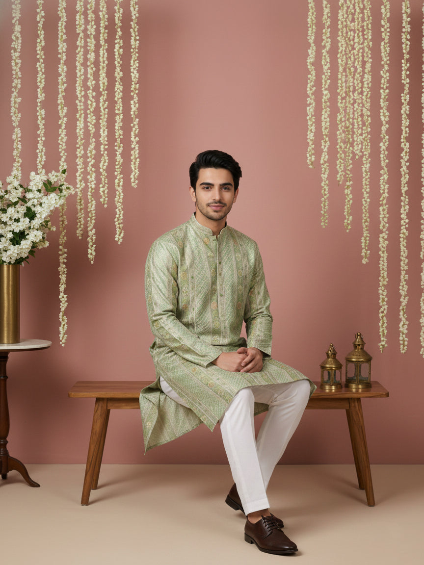 Men Silk Blend Embroidered Kurta ( 65KO 5454Green S ) [FF] [A-1-4]