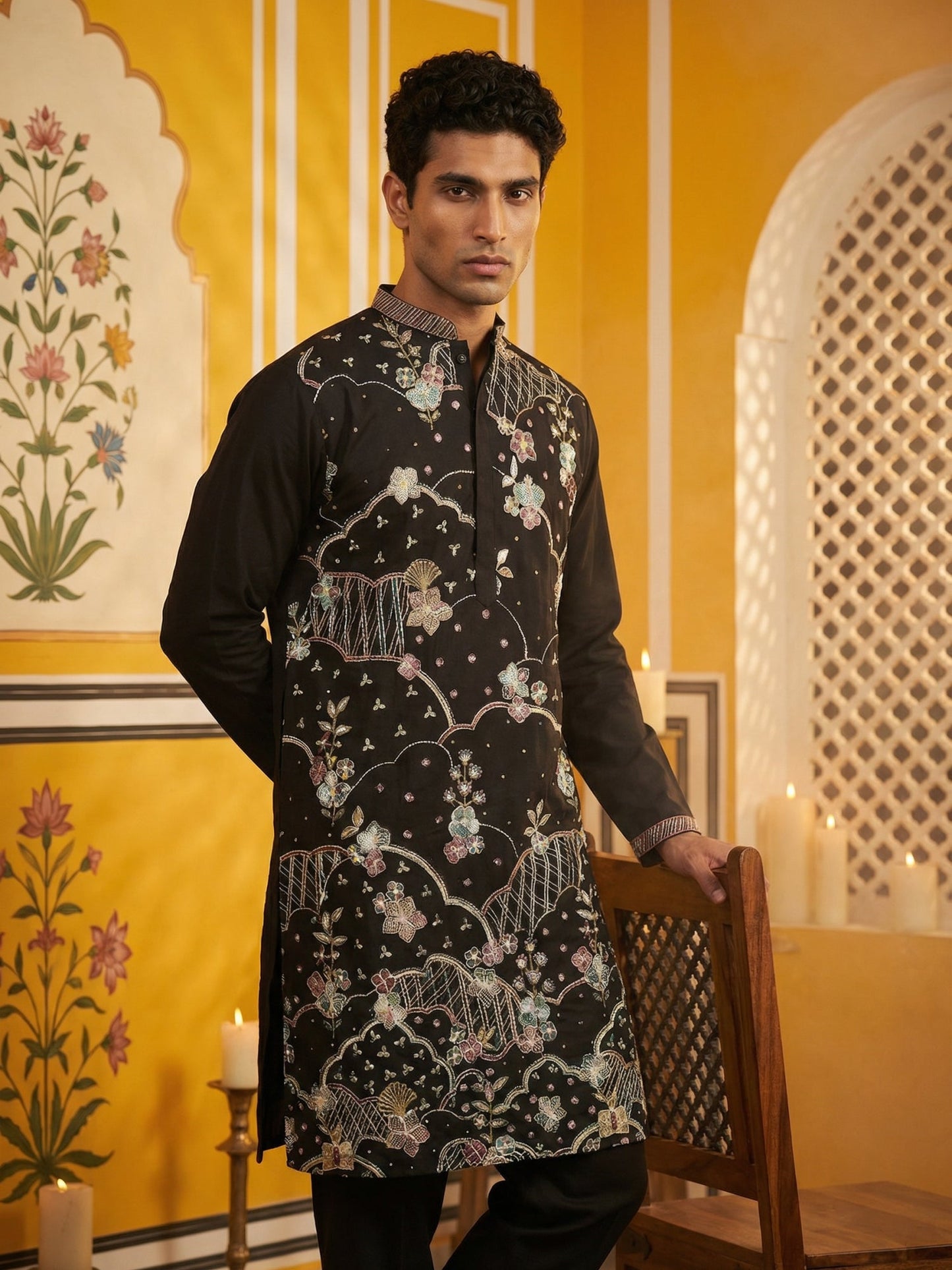Black Silk Blend Embroidered Kurta ( 65KO 5457Black ) [FF] [A-1-4]