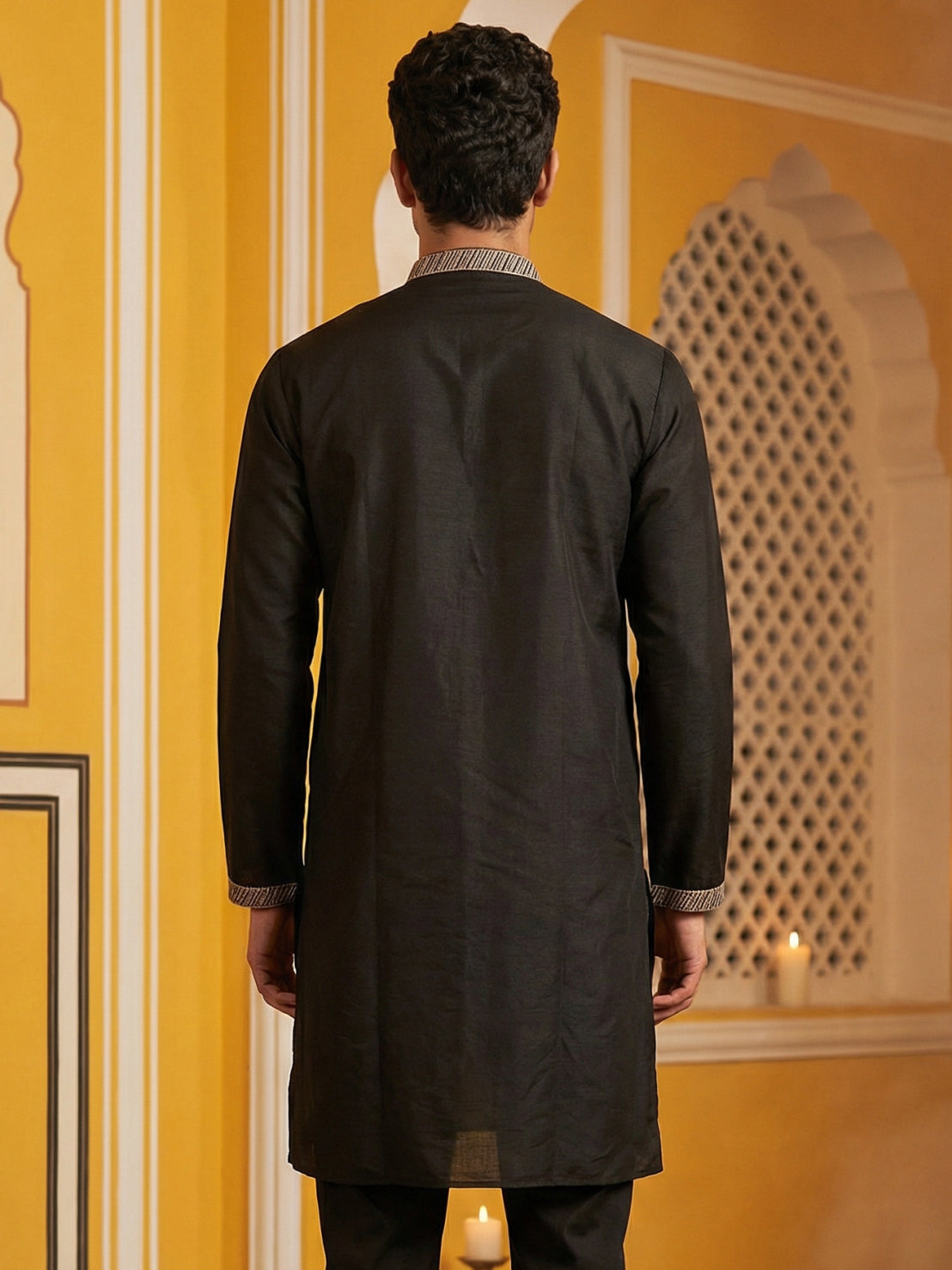 Black Silk Blend Embroidered Kurta ( 65KO 5457Black ) [FF] [A-1-4]