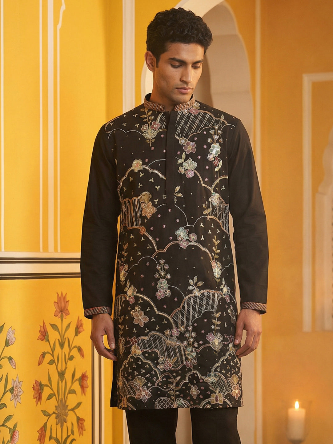 Black Silk Blend Embroidered Kurta ( 65KO 5457Black ) [FF] [A-1-4]