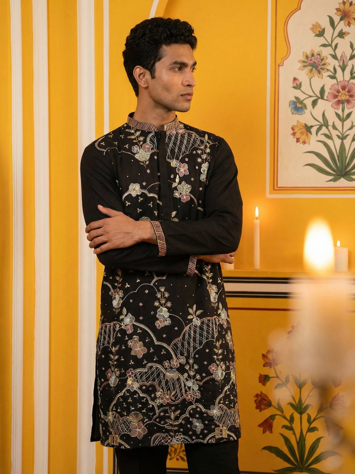 Black Silk Blend Embroidered Kurta ( 65KO 5457Black ) [FF] [A-1-4]