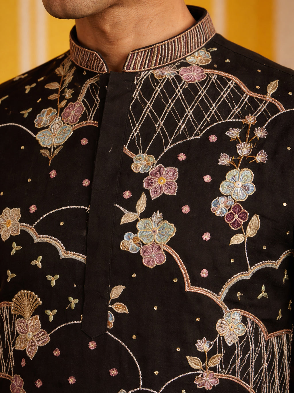 Black Silk Blend Embroidered Kurta ( 65KO 5457Black ) [FF] [A-1-4]