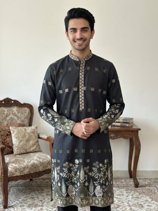 Men Silk Blend Embroidered Kurta ( 65KO 5458Black S ) [FF] [B-1-2]