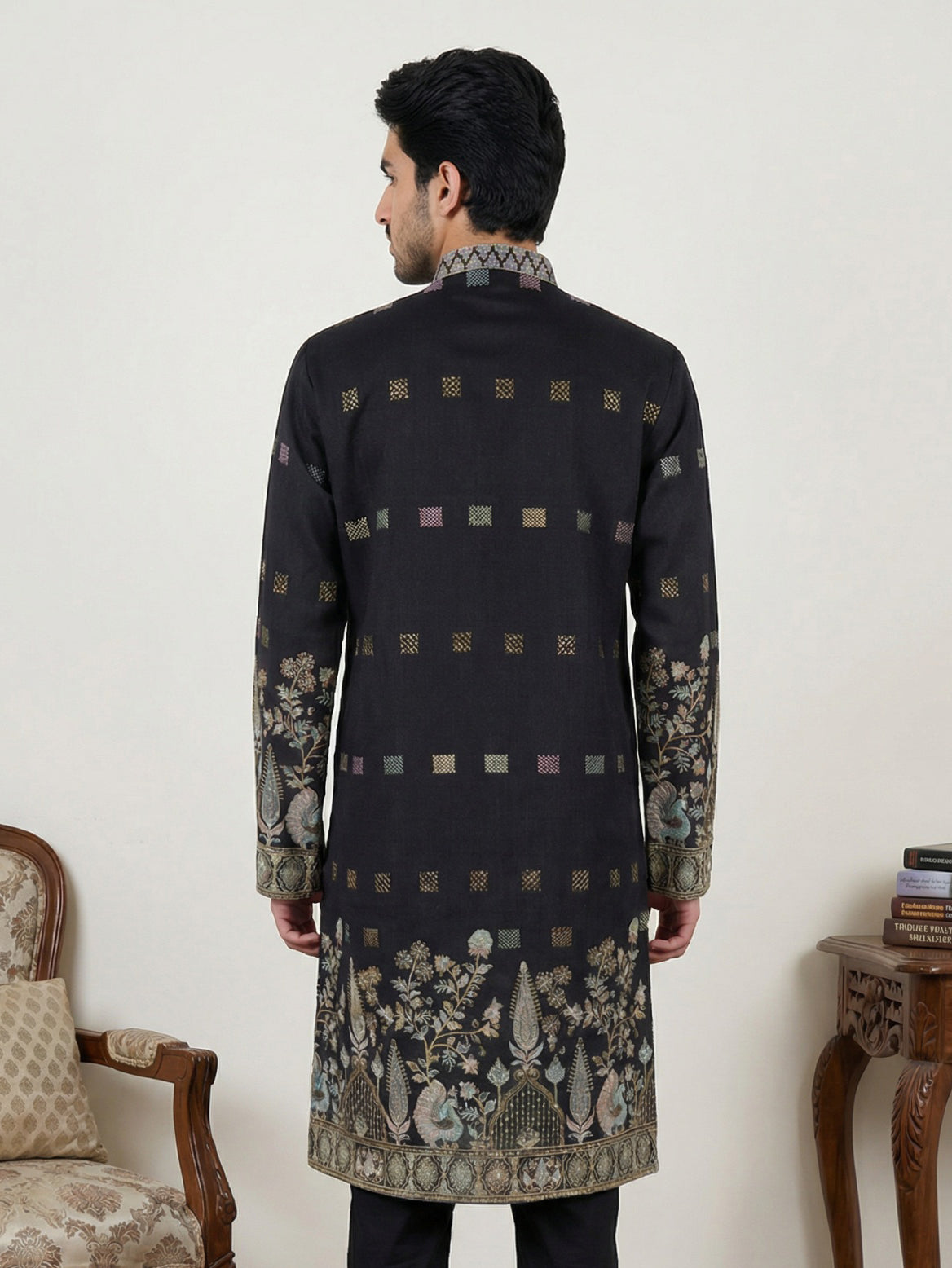 Men Silk Blend Embroidered Kurta ( 65KO 5458Black S ) [FF] [B-1-2]