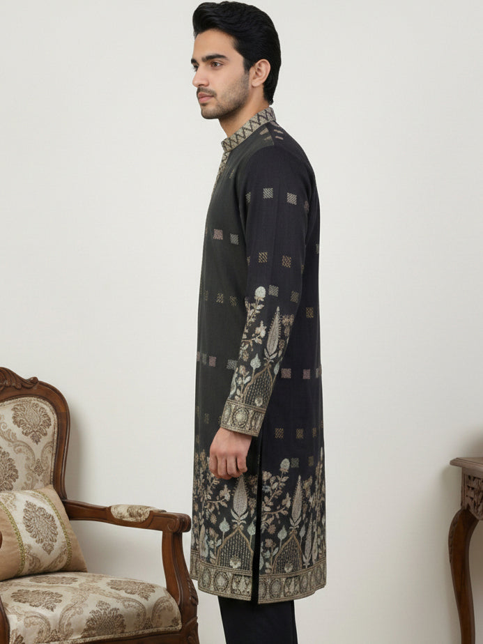 Men Silk Blend Embroidered Kurta ( 65KO 5458Black S ) [FF] [B-1-2]