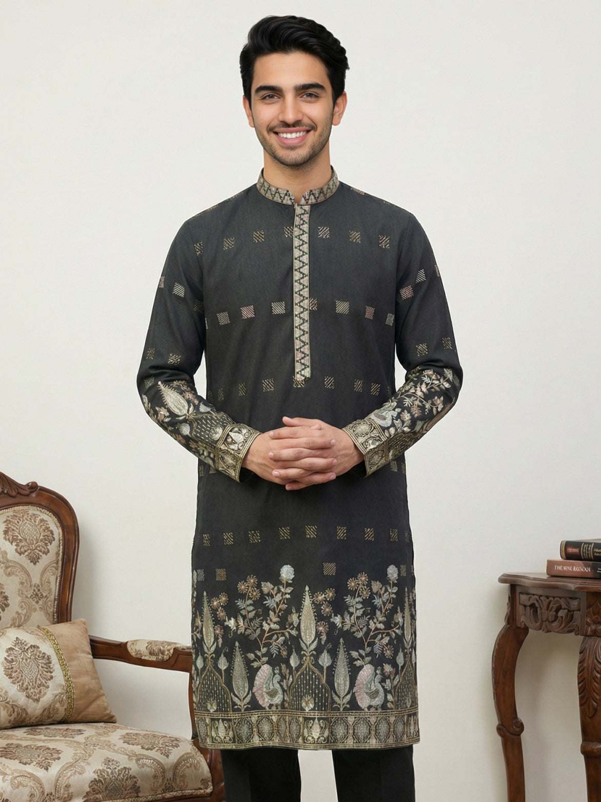 Men Silk Blend Embroidered Kurta ( 65KO 5458Black S ) [FF] [B-1-2]