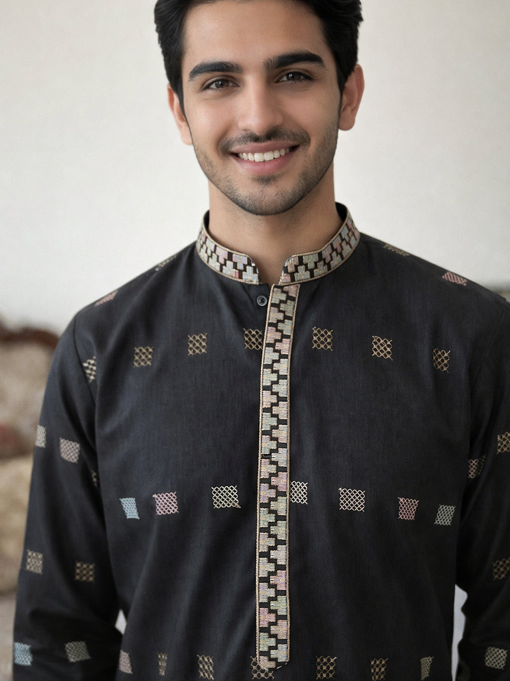 Men Silk Blend Embroidered Kurta ( 65KO 5458Black S ) [FF] [B-1-2]