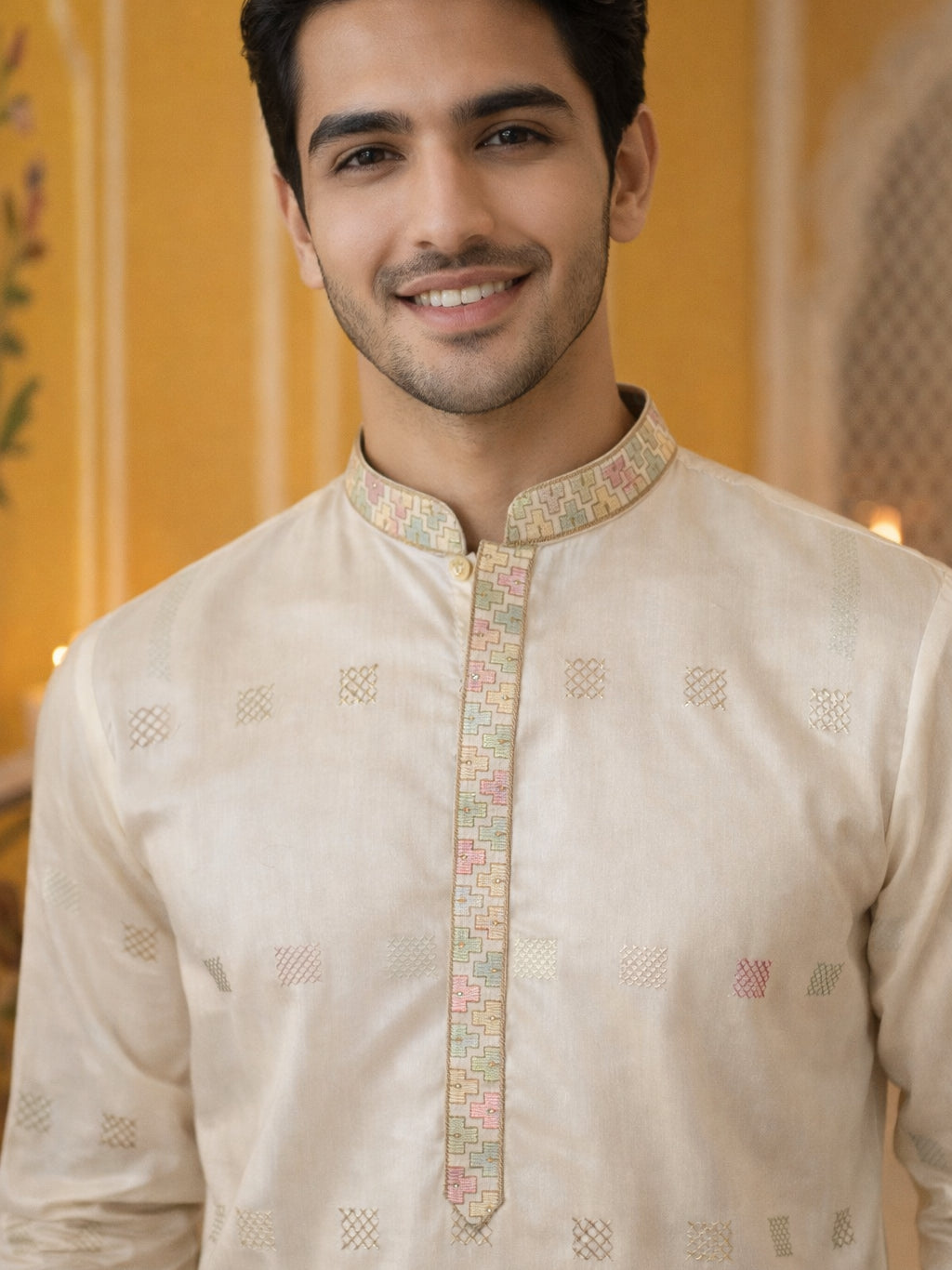 Men Silk Blend Embroidered Kurta ( 65KO 5458White S ) [FF] [B-1-2]