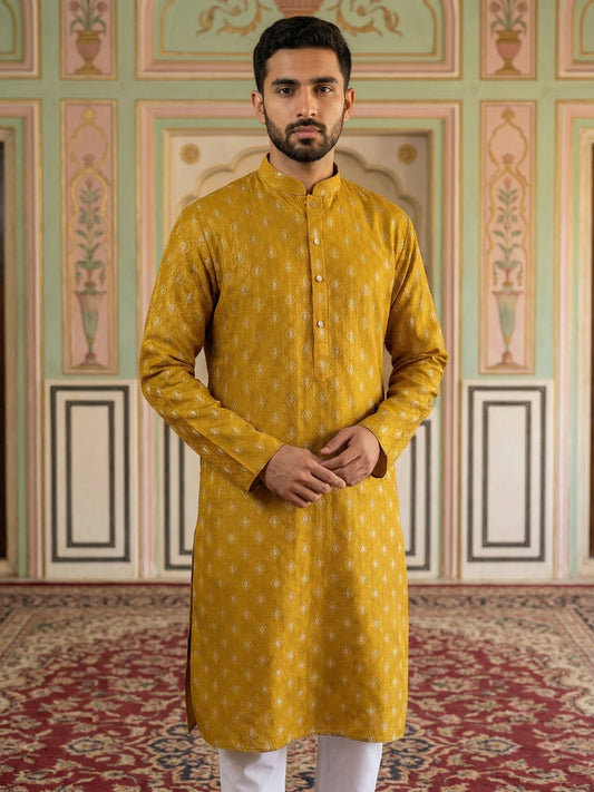 Classic Ethnic Print Cotton Blend Kurta ( 65KO 5459Mustard S ) [FF] [K-14]