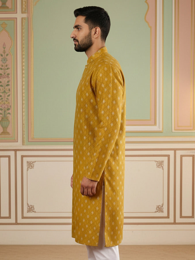 Classic Ethnic Print Cotton Blend Kurta ( 65KO 5459Mustard S ) [FF] [K-14]