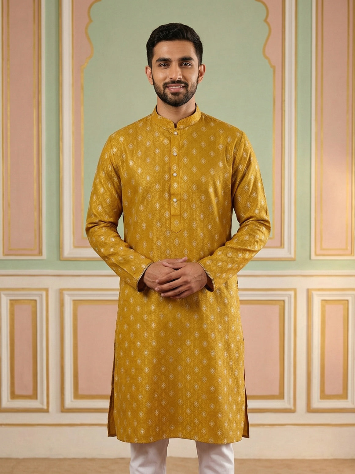 Classic Ethnic Print Cotton Blend Kurta ( 65KO 5459Mustard S ) [FF] [K-14]