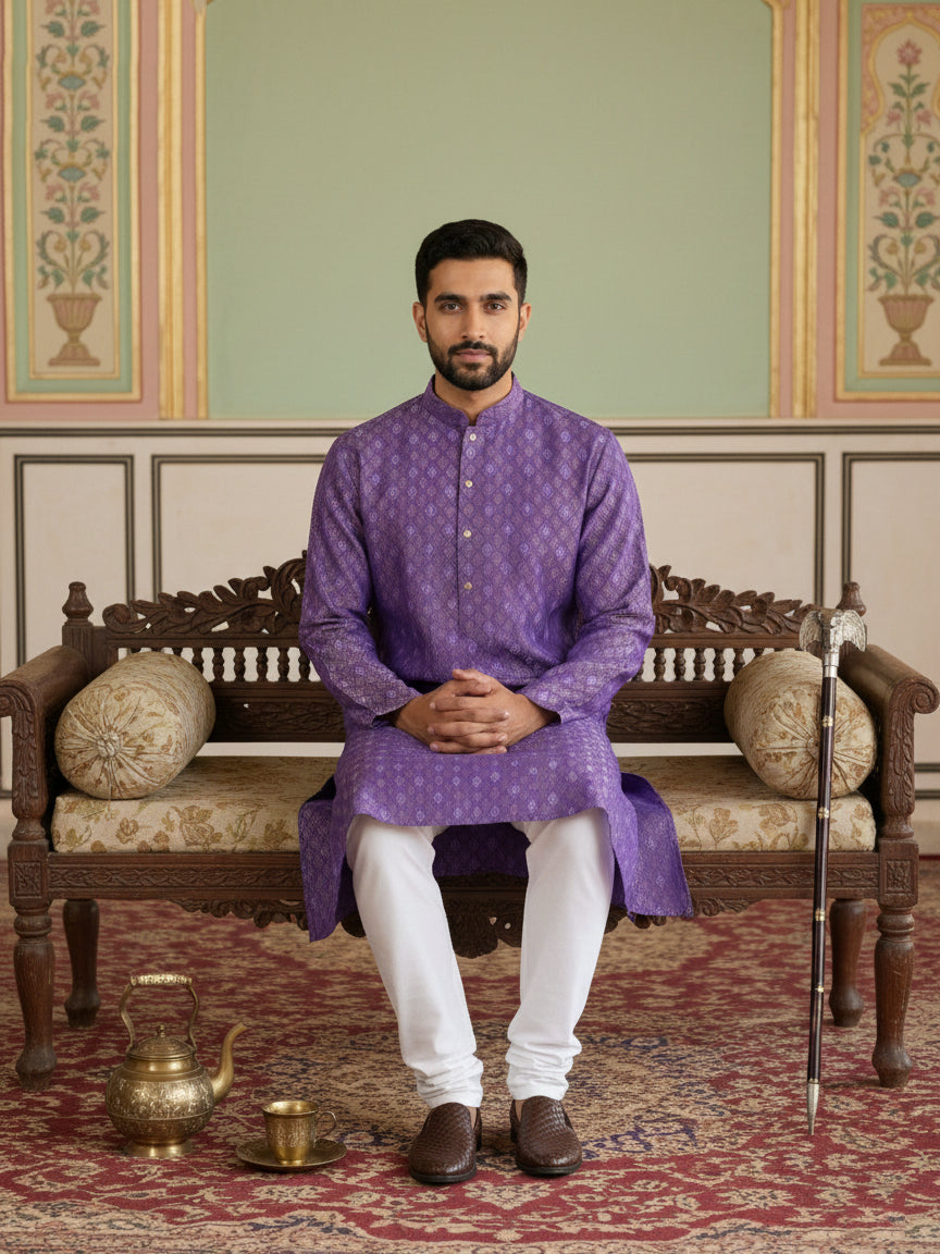 Classic Ethnic Print Cotton Blend Kurta ( 65KO 5459Purple S ) [FF] [K-14]