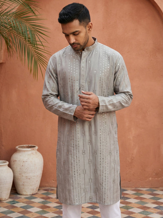Embroidered Silk Blend Straight Kurta ( 65KO 5460Grey S ) [FF] [A-1-4]