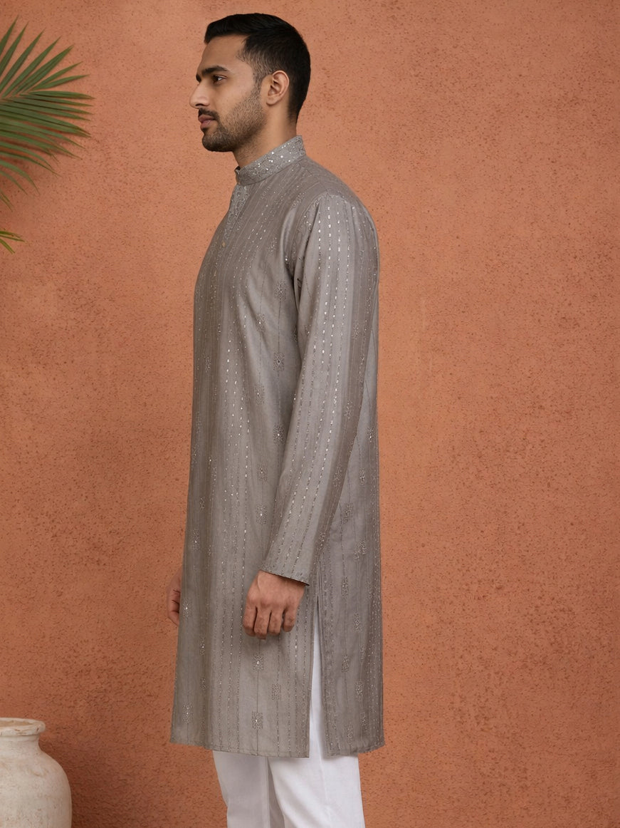 Embroidered Silk Blend Straight Kurta ( 65KO 5460Grey S ) [FF] [A-1-4]