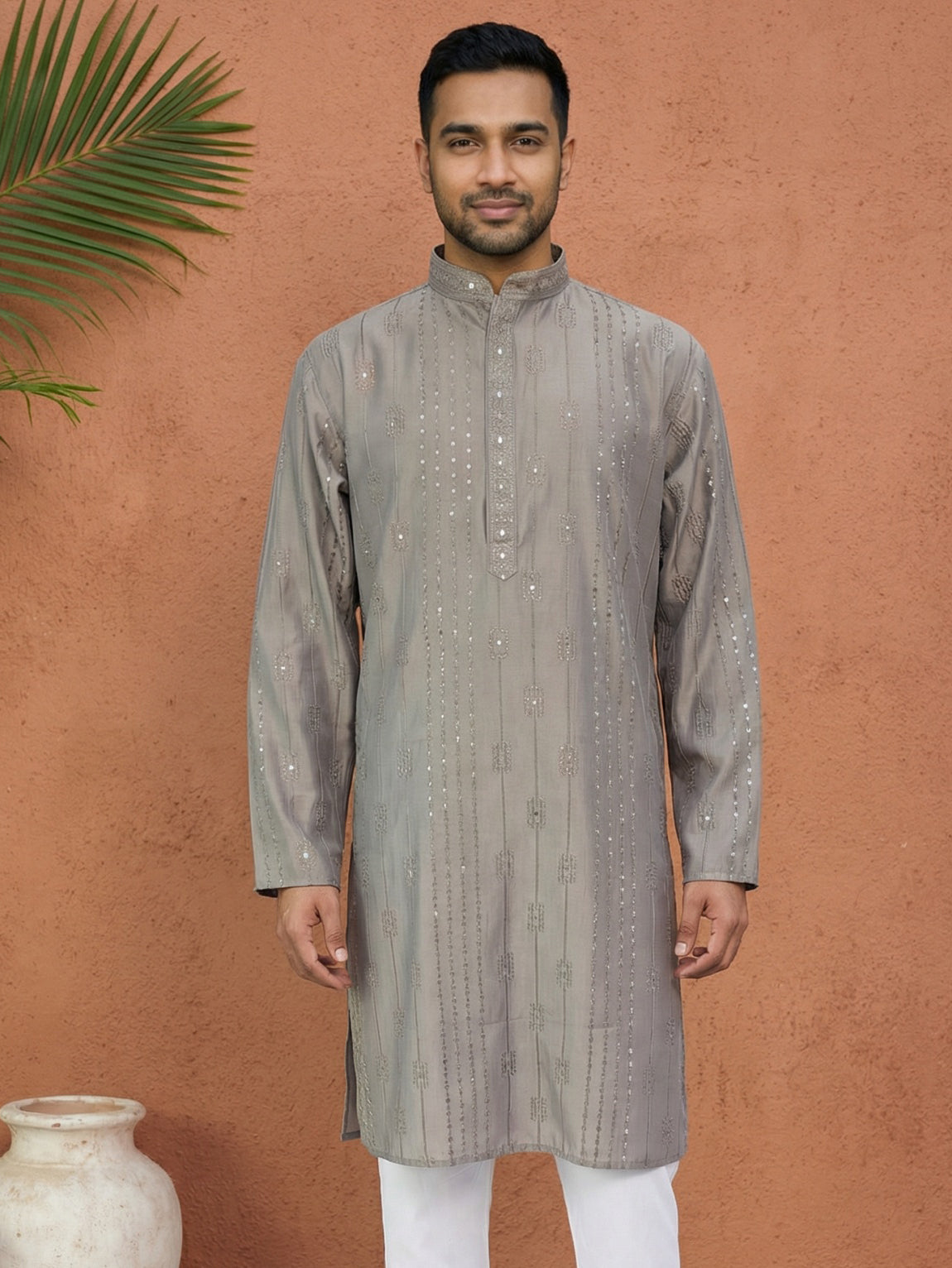 Embroidered Silk Blend Straight Kurta ( 65KO 5460Grey S ) [FF] [A-1-4]
