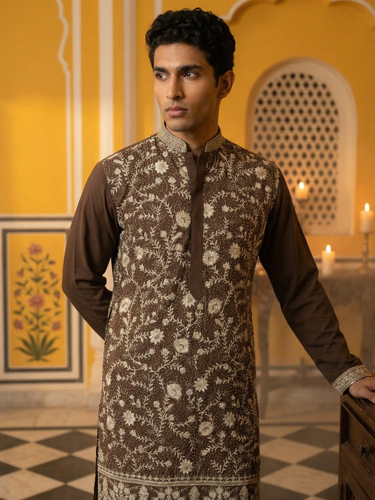 Classic Silk Blend Embroidered Kurta ( 65KO 5461Brown S ) [FF] [H-7]
