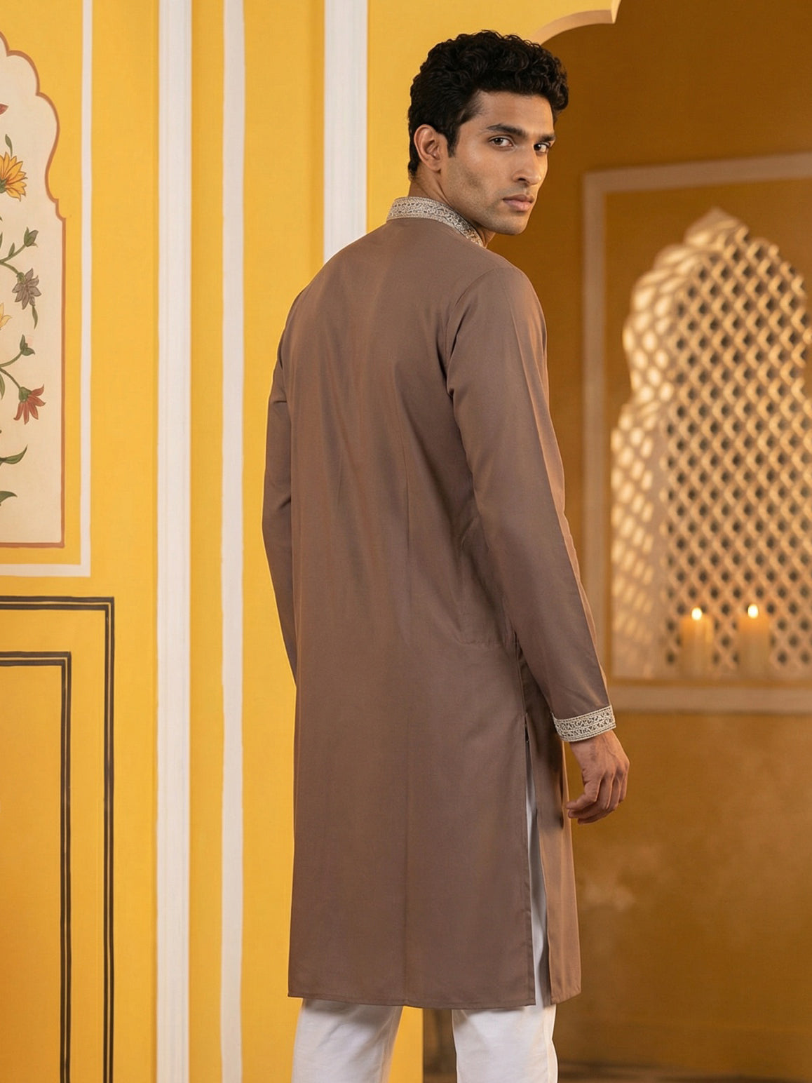 Classic Silk Blend Embroidered Kurta ( 65KO 5461Brown S ) [FF] [H-7]
