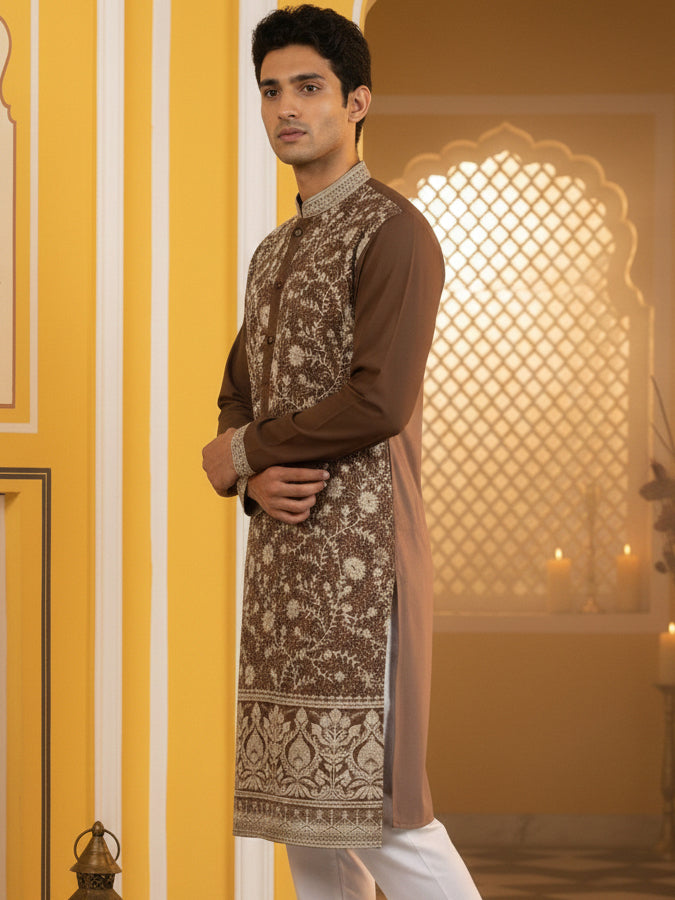 Classic Silk Blend Embroidered Kurta ( 65KO 5461Brown S ) [FF] [H-7]