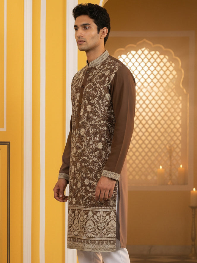 Classic Silk Blend Embroidered Kurta ( 65KO 5461Brown S ) [FF] [H-7]