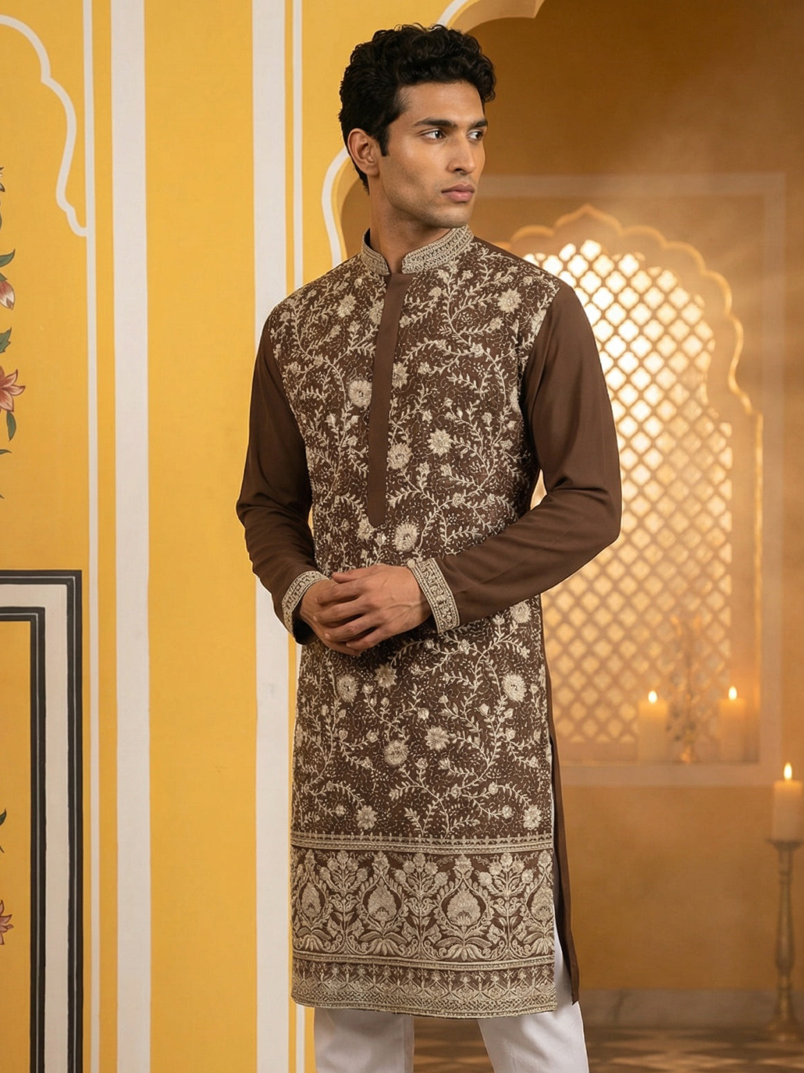 Classic Silk Blend Embroidered Kurta ( 65KO 5461Brown S ) [FF] [H-7]