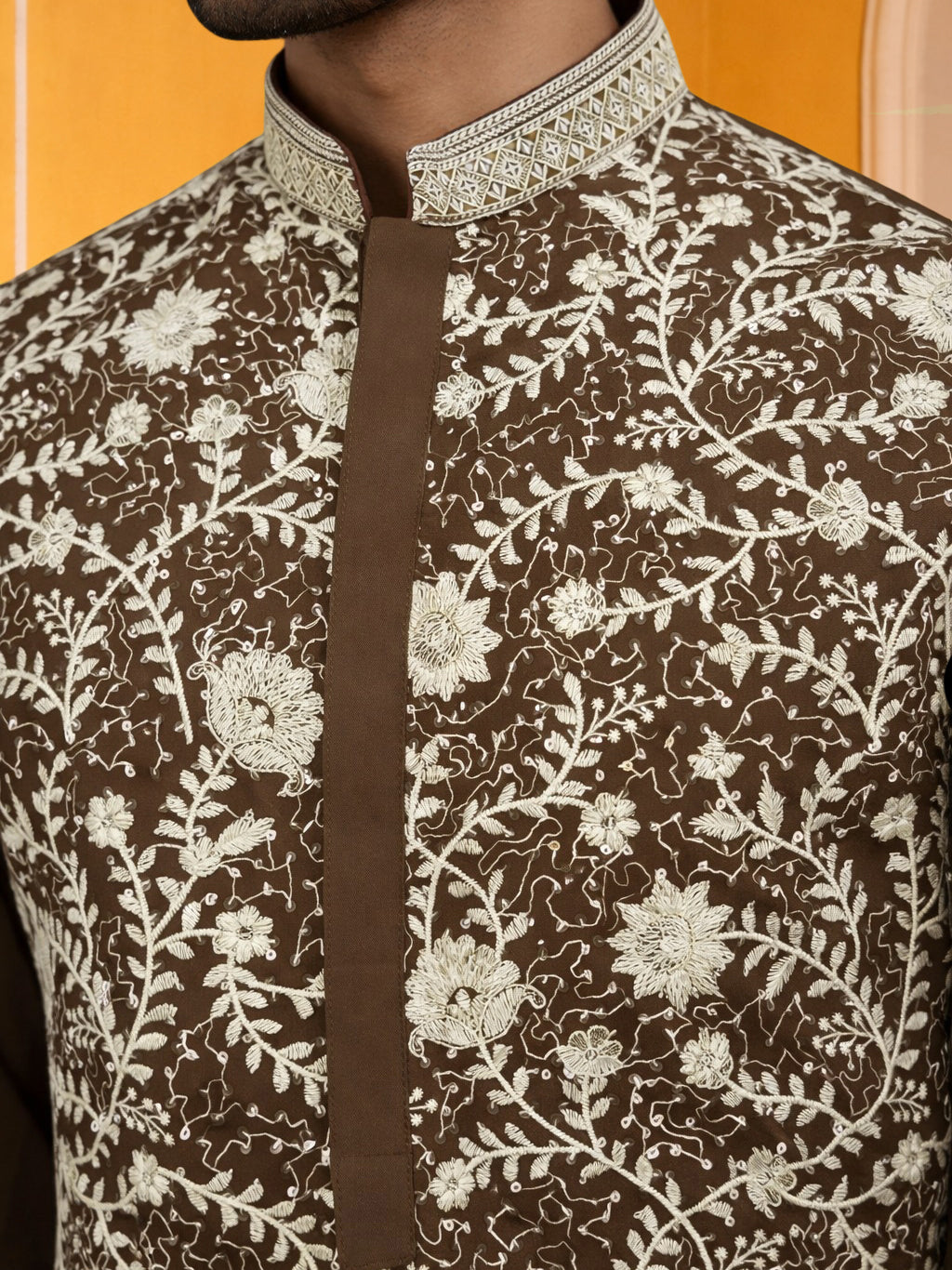Classic Silk Blend Embroidered Kurta ( 65KO 5461Brown S ) [FF] [H-7]