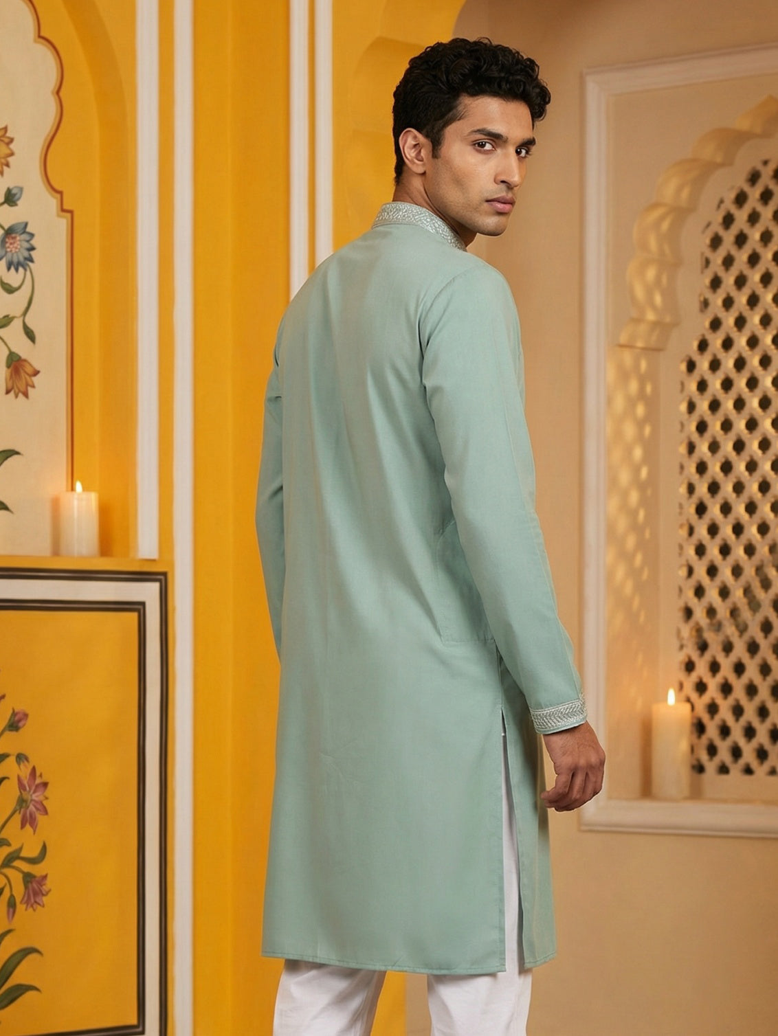 Classic Silk Blend Embroidered Kurta ( 65KO 5461Green S ) [FF] [H-7]