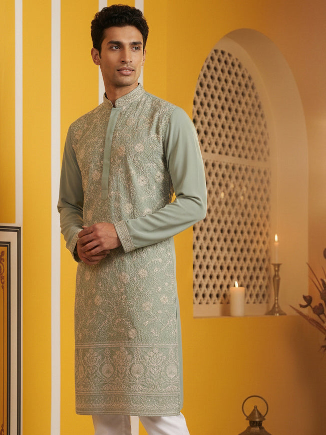 Classic Silk Blend Embroidered Kurta ( 65KO 5461Green S ) [FF] [H-7]