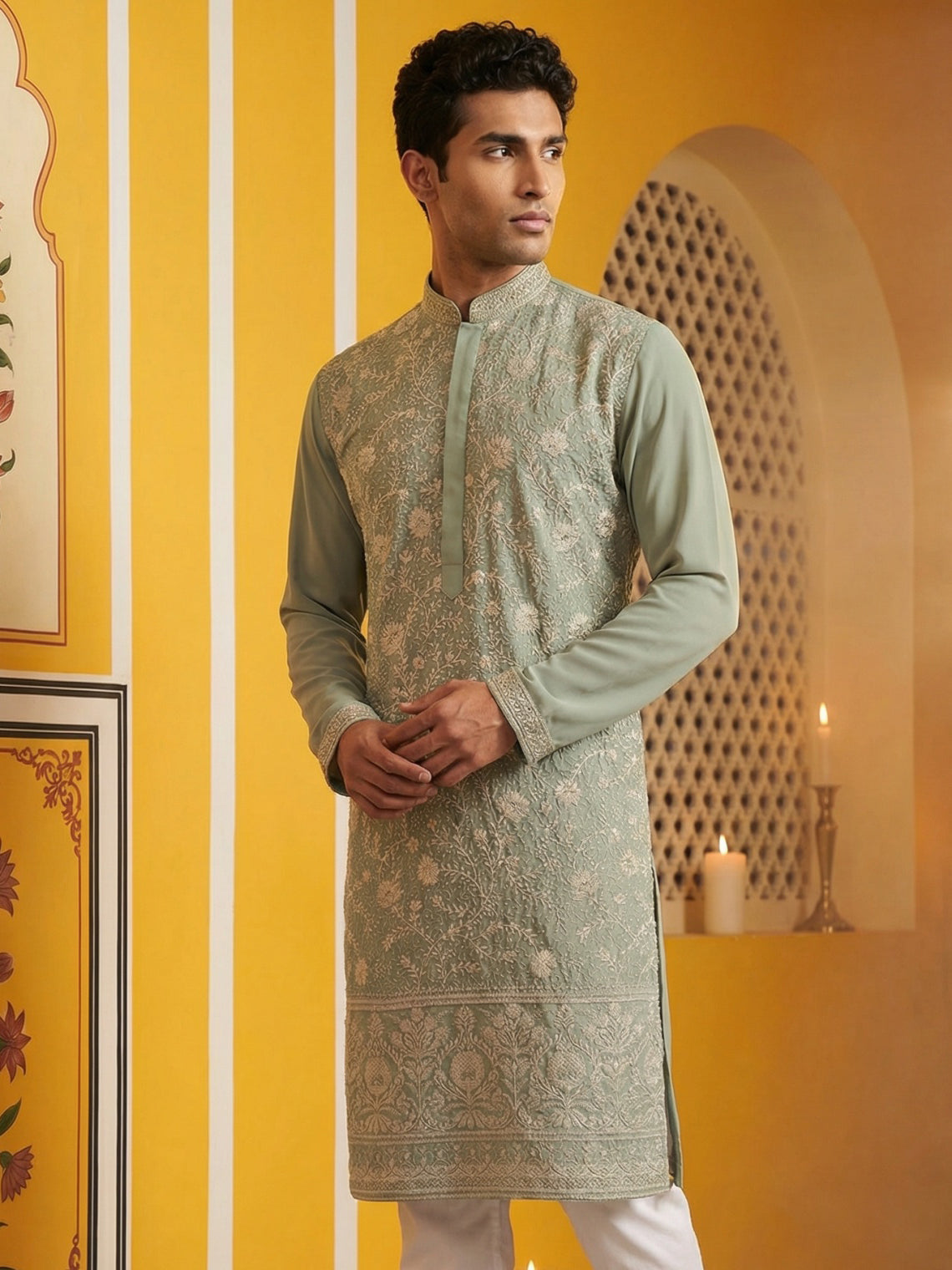 Classic Silk Blend Embroidered Kurta ( 65KO 5461Green S ) [FF] [H-7]