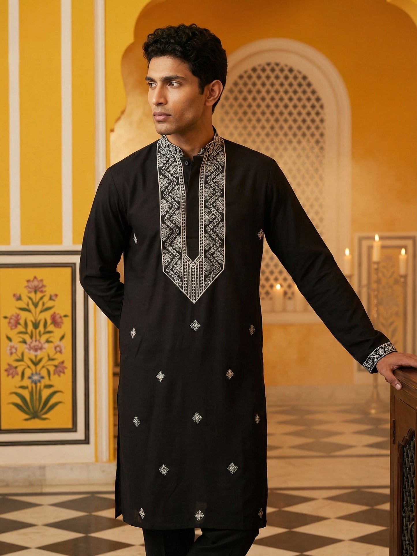 Embroidered Silk Blend Straight Kurta ( 65KO 5462Black S ) [FF] [B-6]